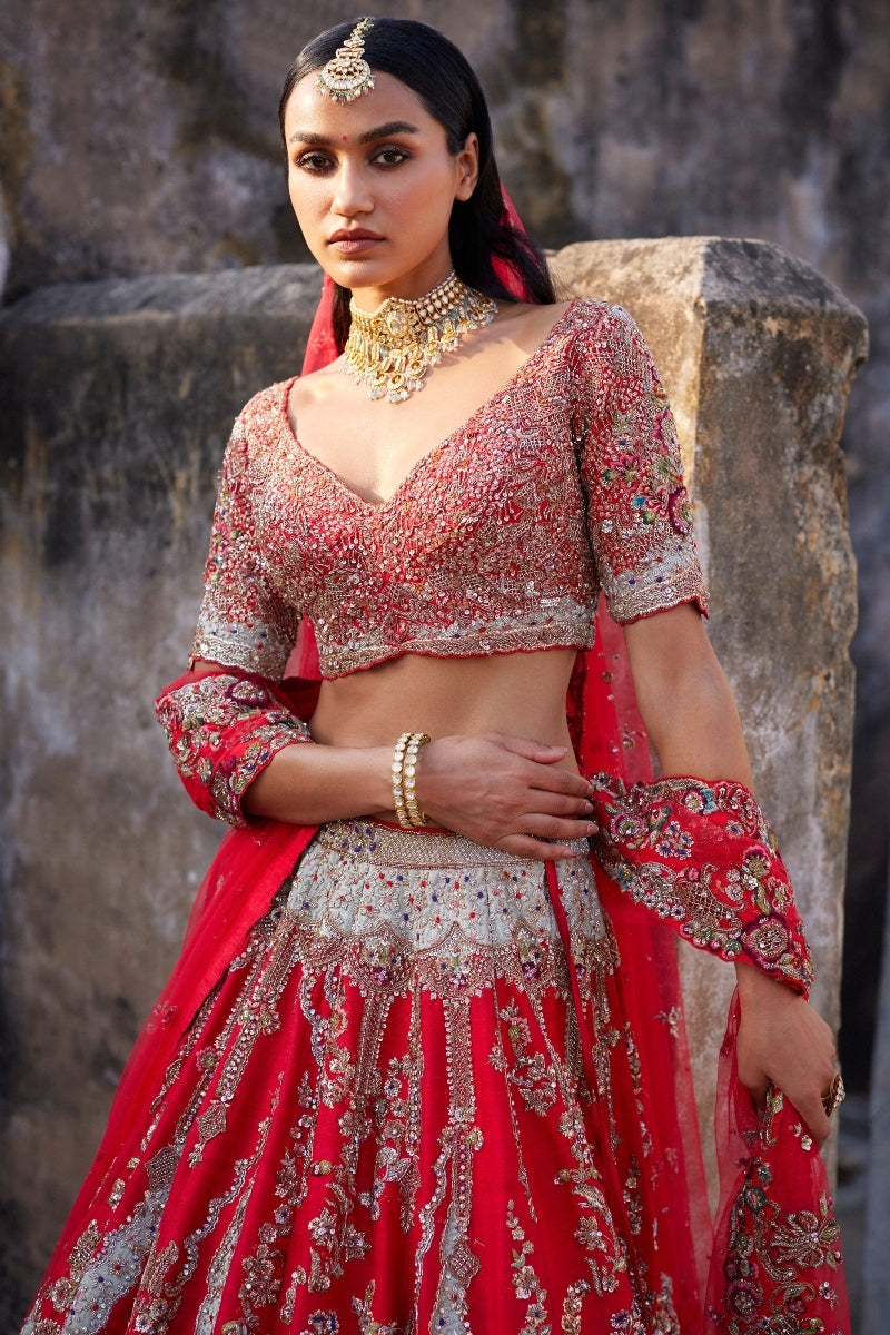 Lillian Red Raw Silk Bridal Lehenga Set