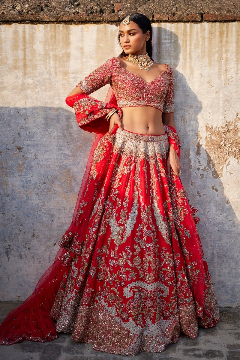 Lillian Red Raw Silk Bridal Lehenga Set