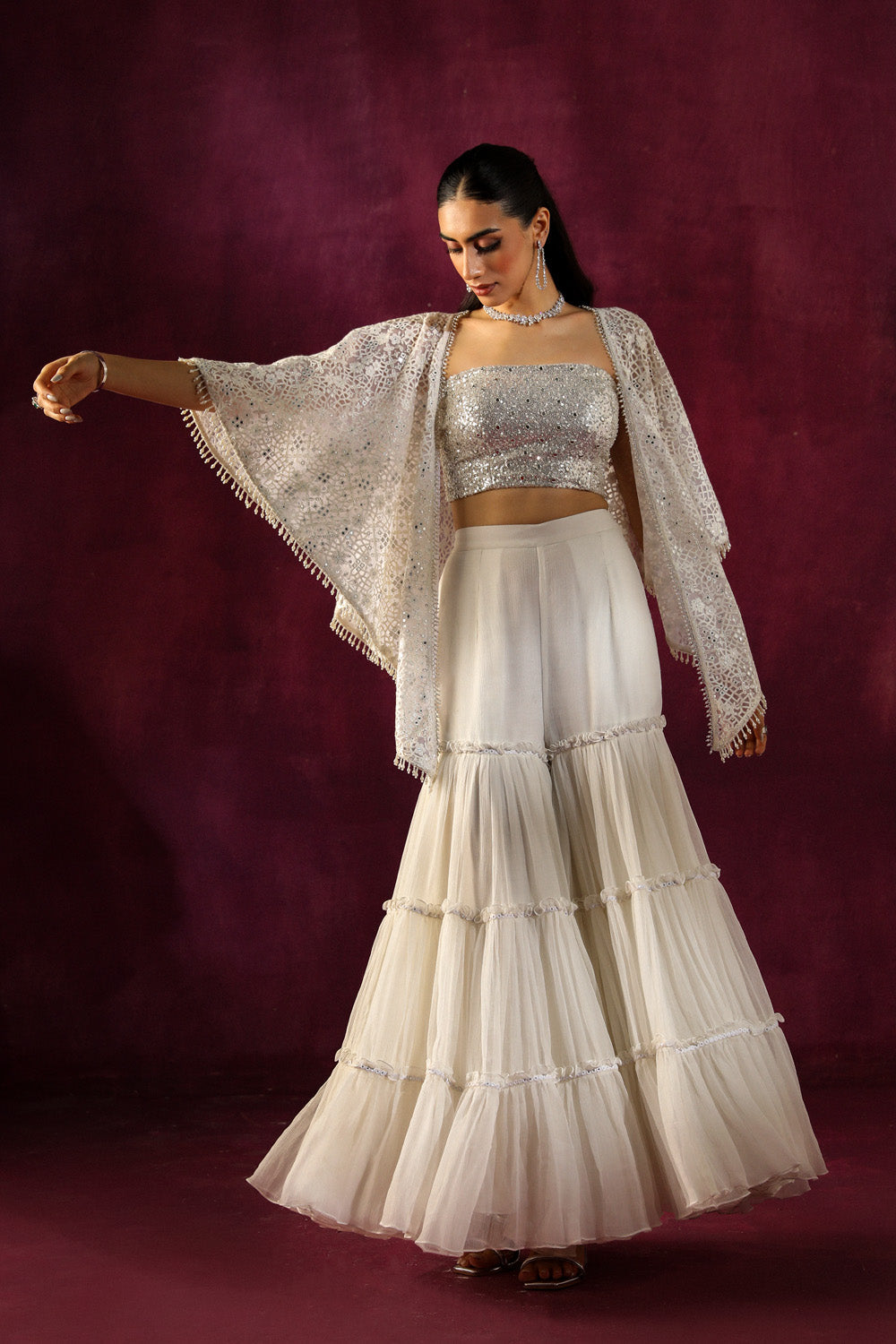 Embellished Layered Shararas in Crinkled Chiffon