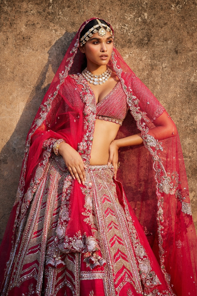 Lysandra Red Raw Silk Bridal Lehenga Set