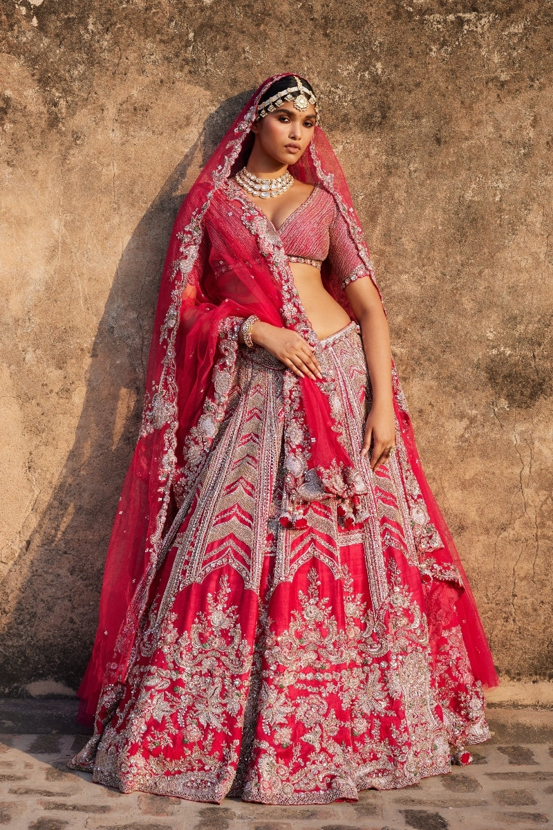 Lysandra Red Raw Silk Bridal Lehenga Set