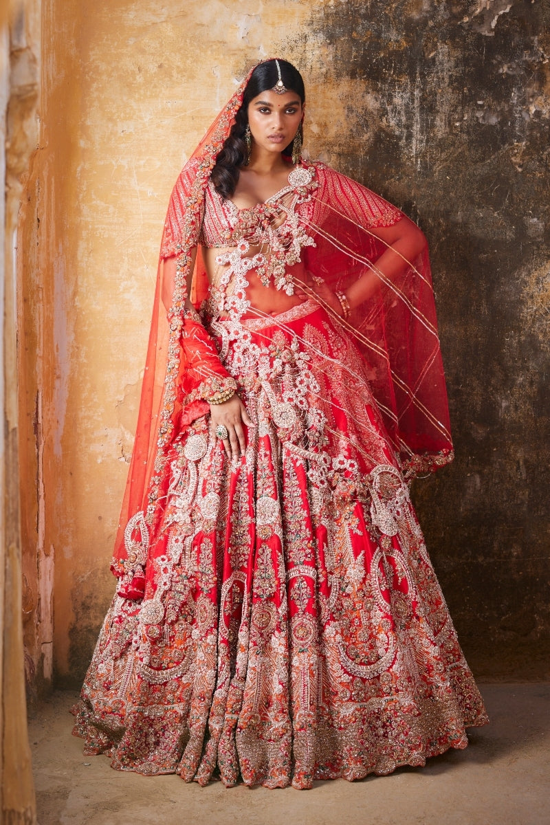 Persephone Red Raw Silk Bridal Lehenga