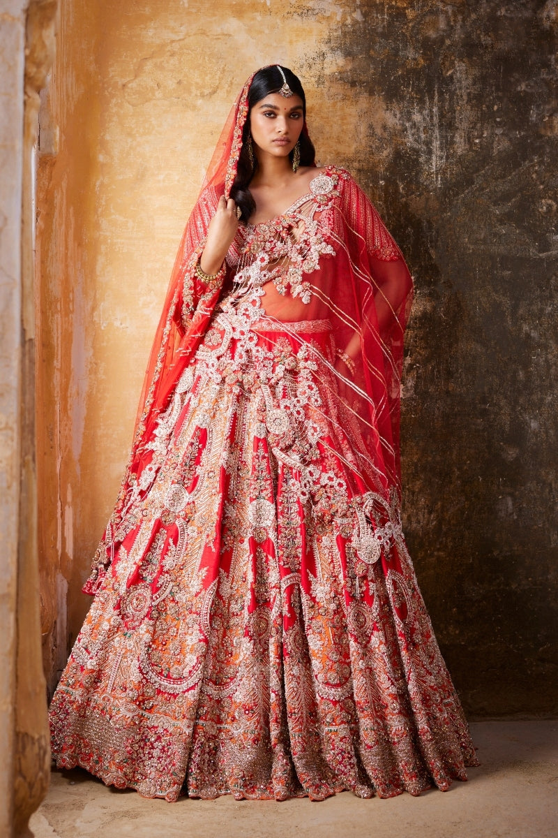 Persephone Red Raw Silk Bridal Lehenga