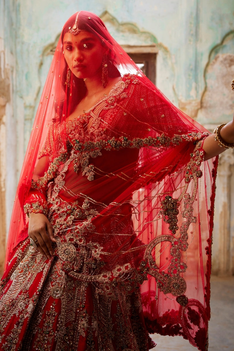 Persephone Red Raw Silk Bridal Lehenga