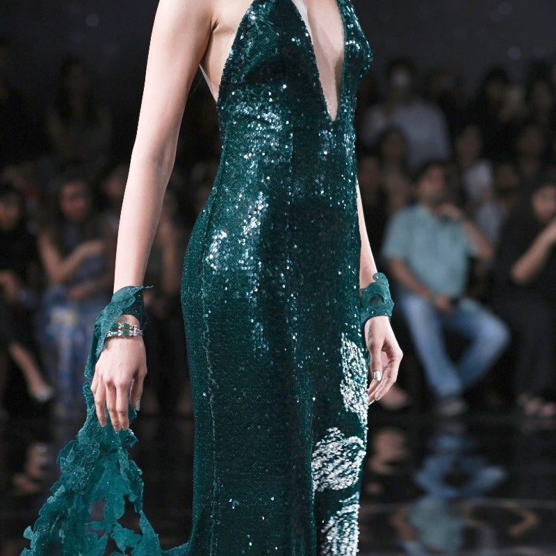 Cleo Green Sequin Sheeted Body Con Gown