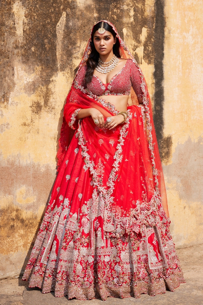 Idalia Red Raw Silk Bridal Lehenga