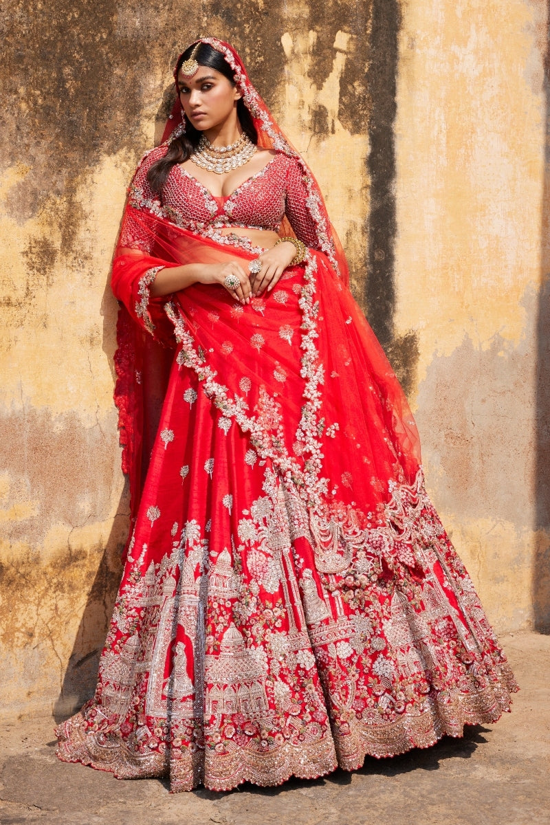 Idalia Red Raw Silk Bridal Lehenga