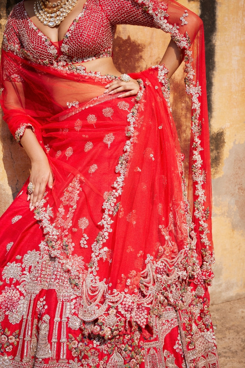 Idalia Red Raw Silk Bridal Lehenga