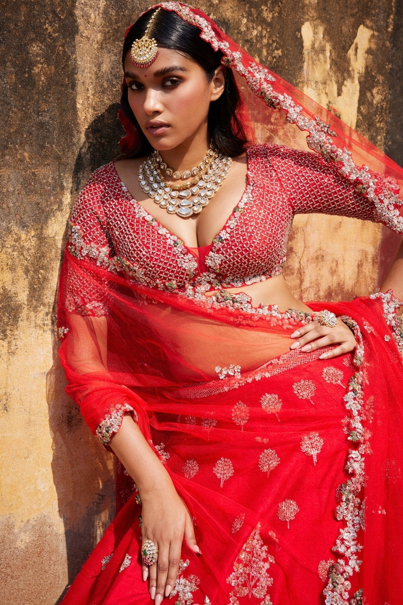 Idalia Red Raw Silk Bridal Lehenga