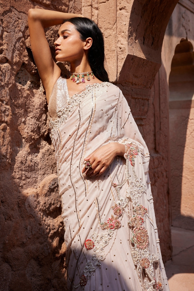 Zephyr Dusty Ivory Mukaish Kalidar Sari