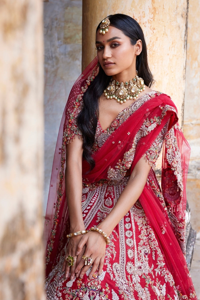 Eleni Maroon Raw Silk Bridal Lehenga