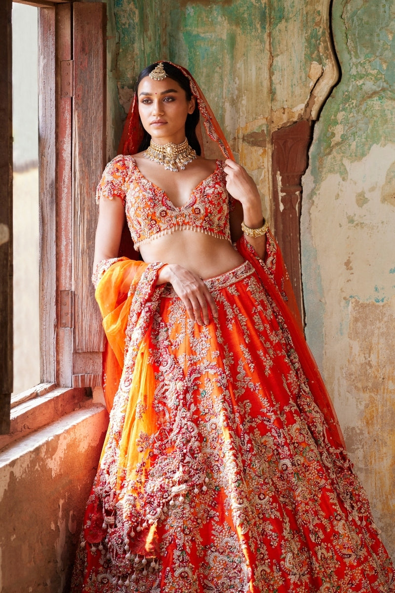 Juno Sunset Orange Raw Silk Bridal Lehenga Set