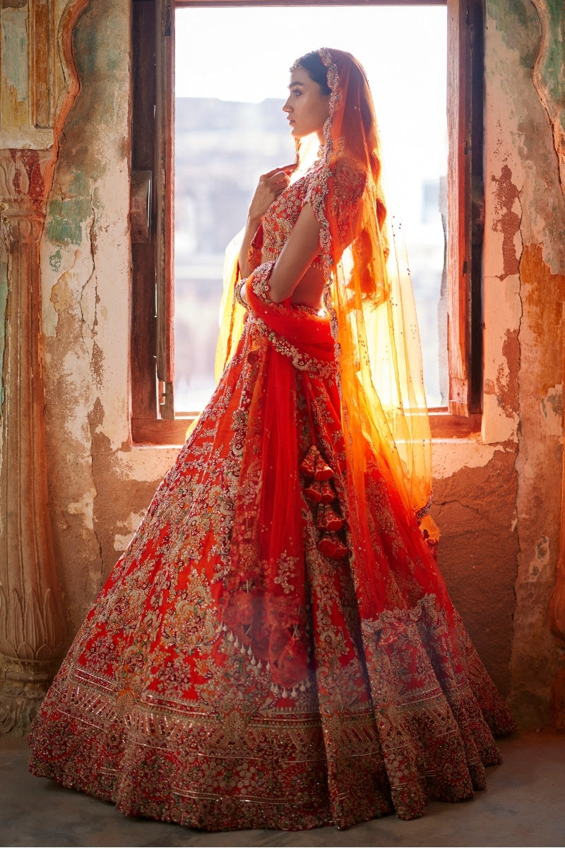 Juno Sunset Orange Raw Silk Bridal Lehenga Set