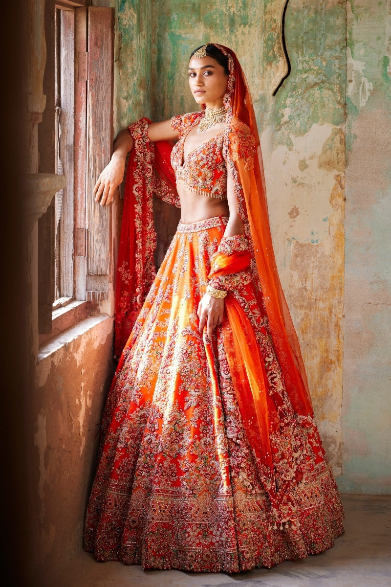 Juno Sunset Orange Raw Silk Bridal Lehenga Set