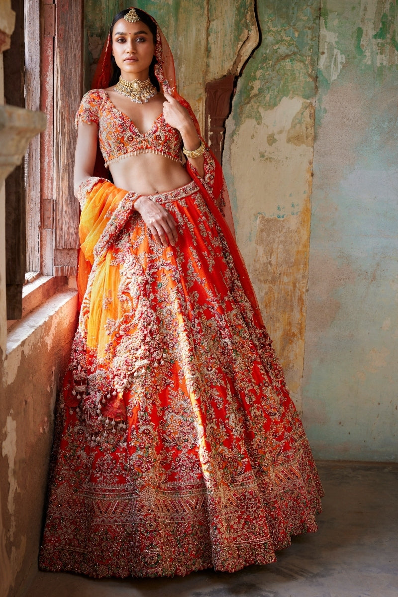 Juno Sunset Orange Raw Silk Bridal Lehenga Set