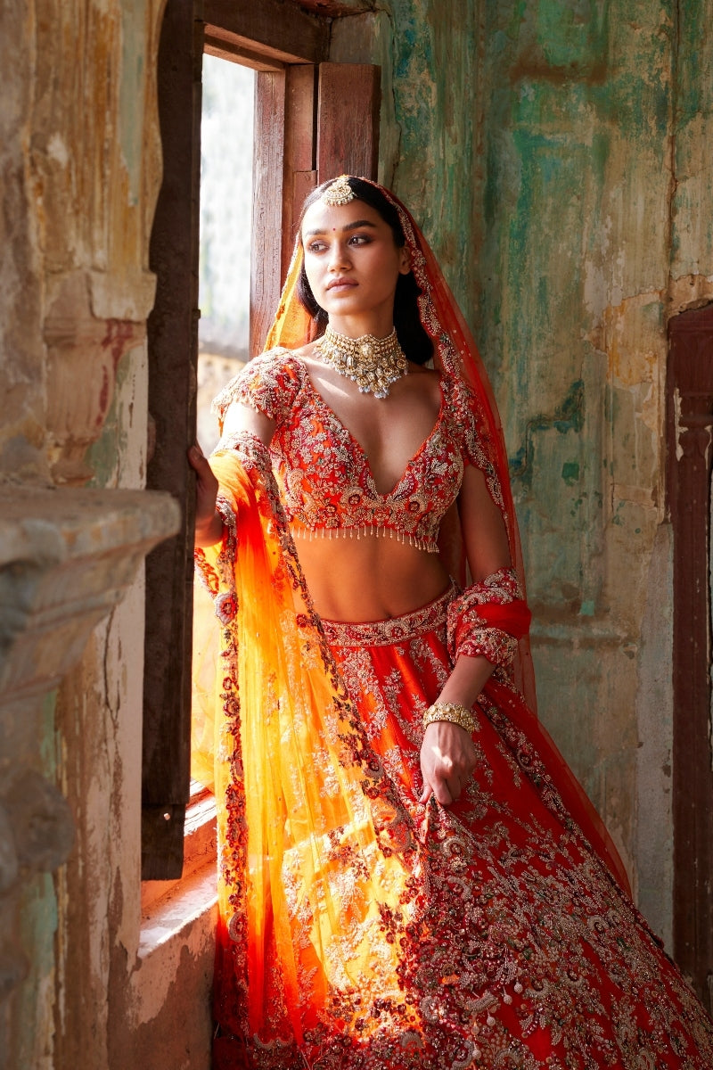 Juno Sunset Orange Raw Silk Bridal Lehenga Set