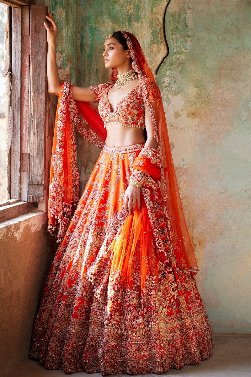 Juno Sunset Orange Raw Silk Bridal Lehenga Set