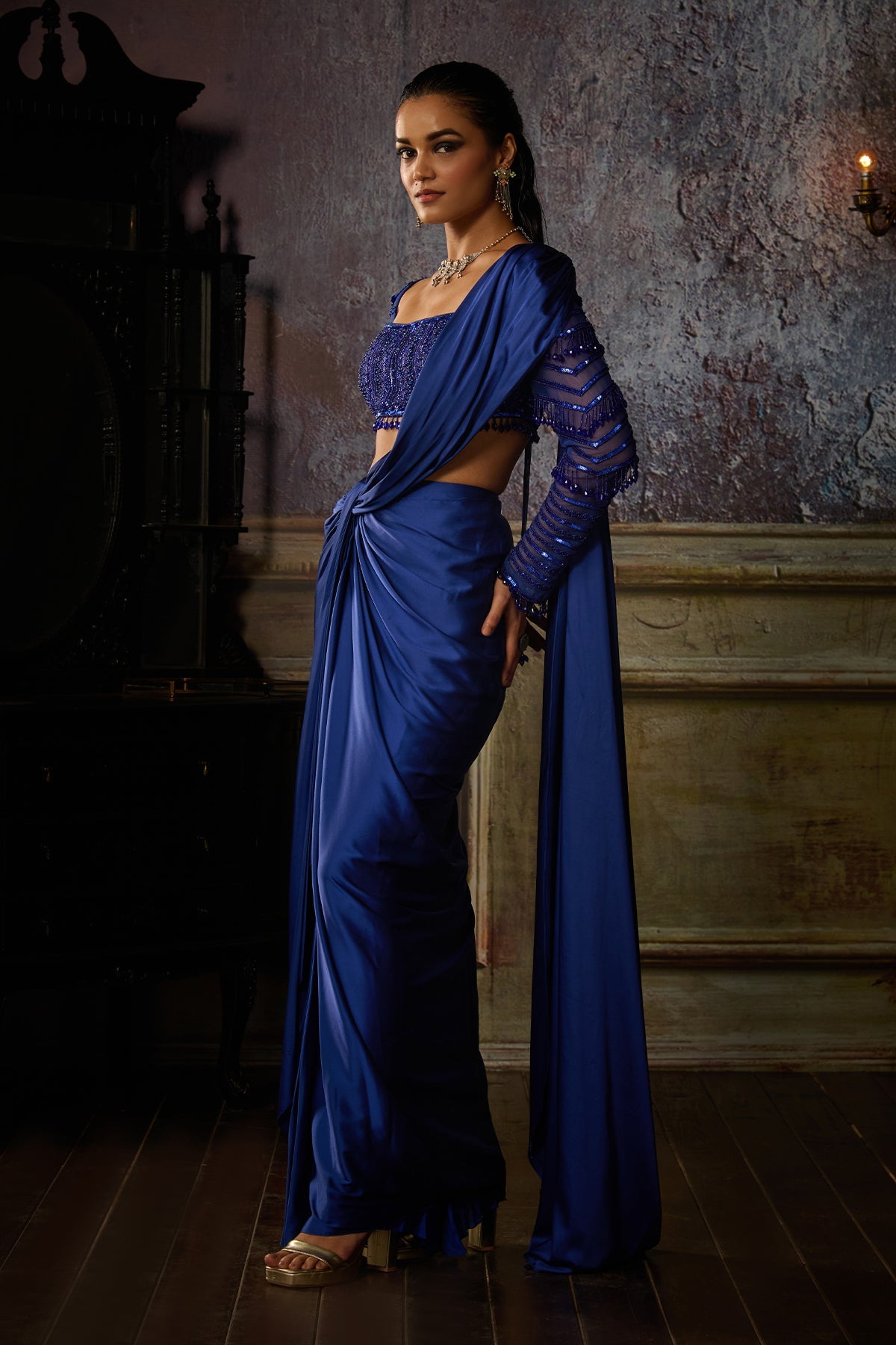 COBALT BLUE PRE DRAPED SAREE SET