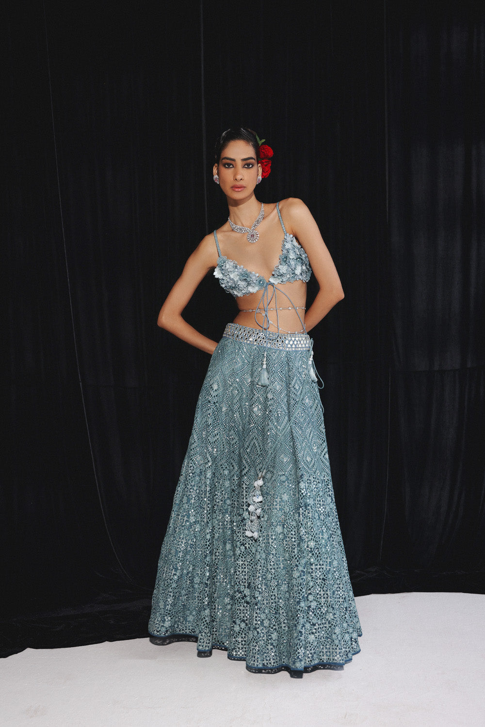 Lace work lehenga Set with Mirror Work