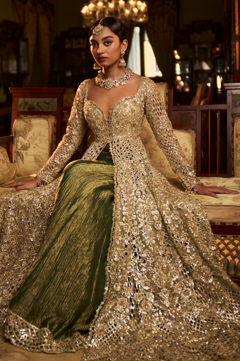Sage Green Cut Work Jacket Sharara Set - Main Image