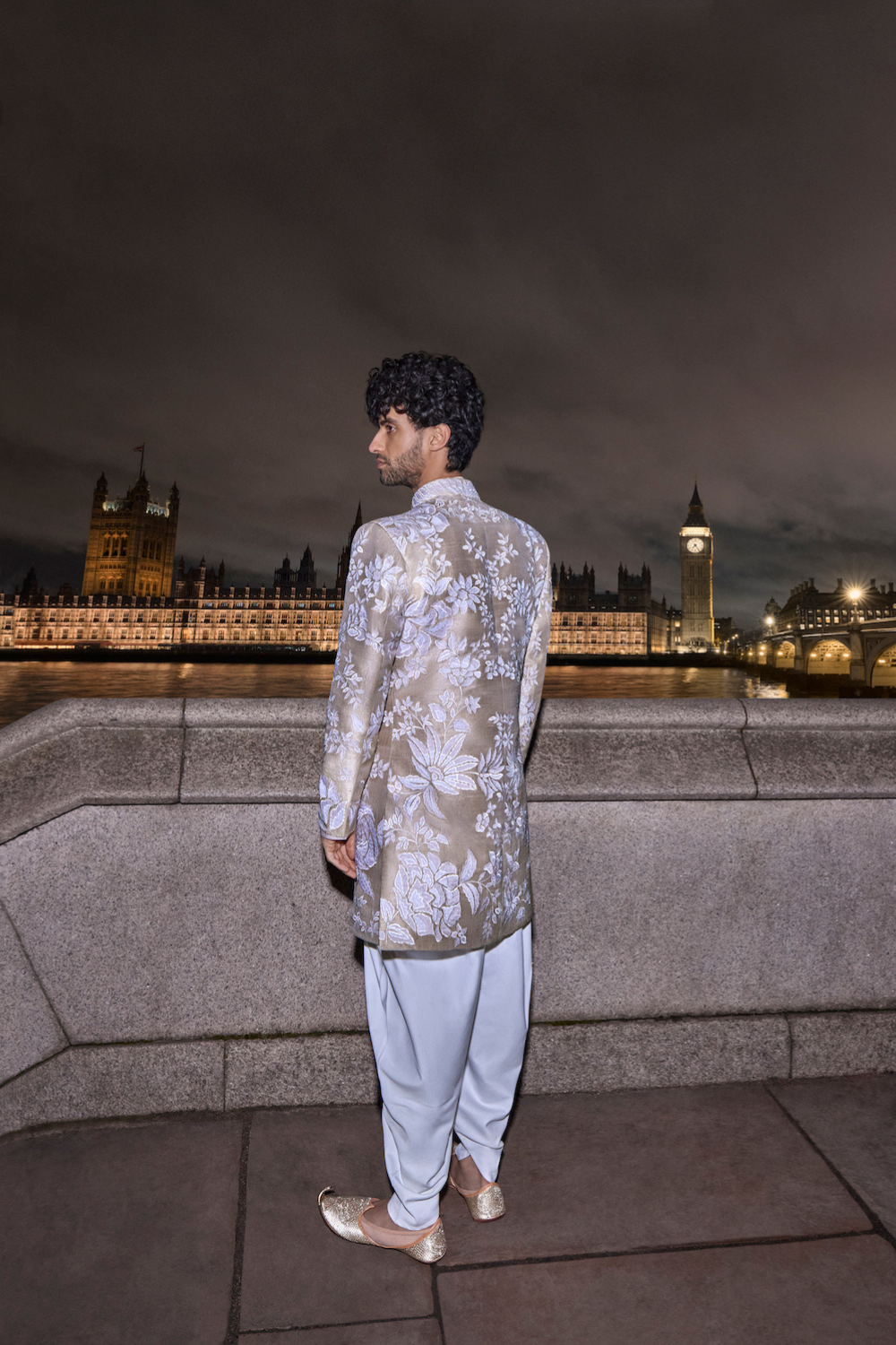 Nude Floral Sherwani Set