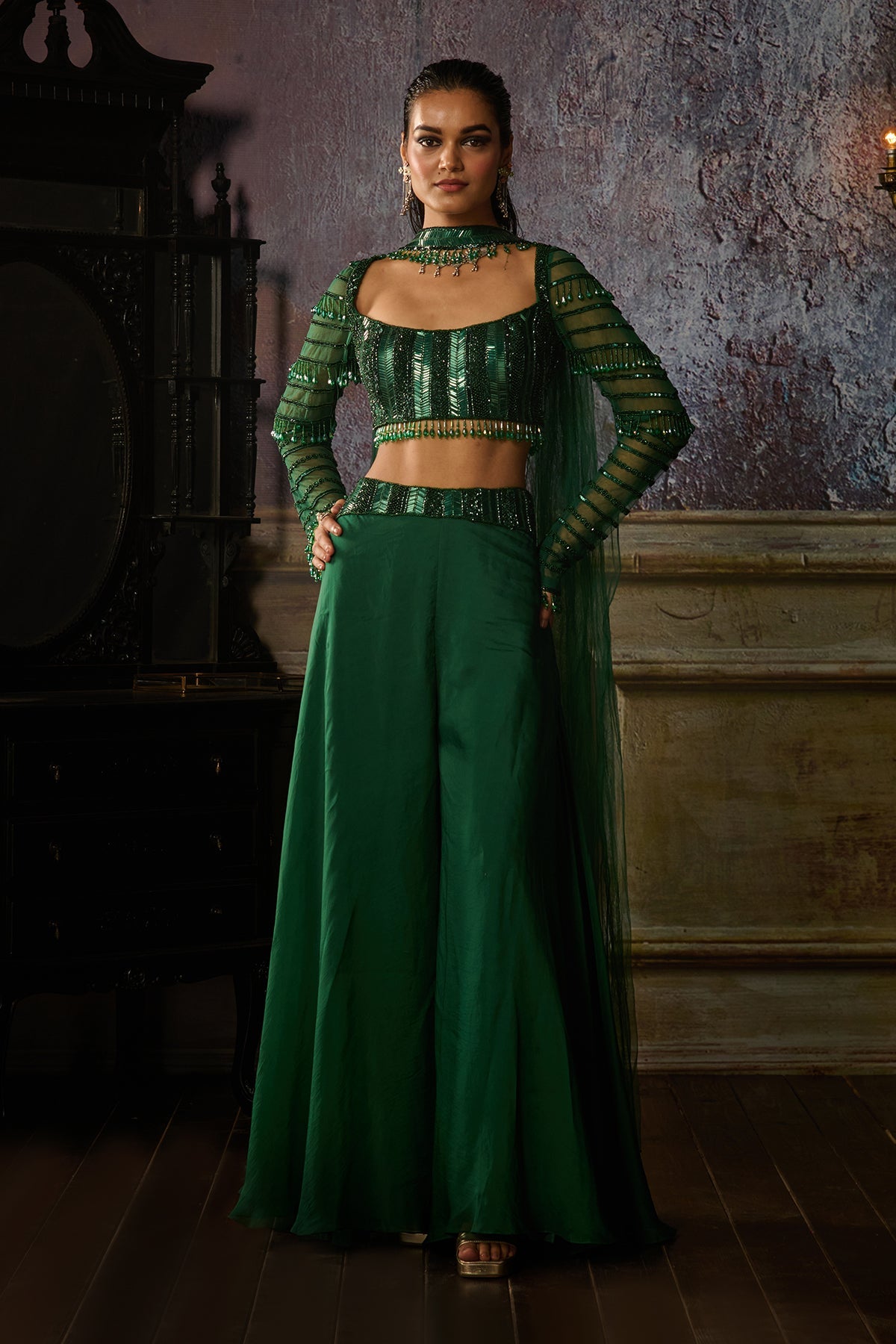 BOTTLE GREEN FULLY EMBROIDERED BLOUSE AND ORGANZA SHARARA SET