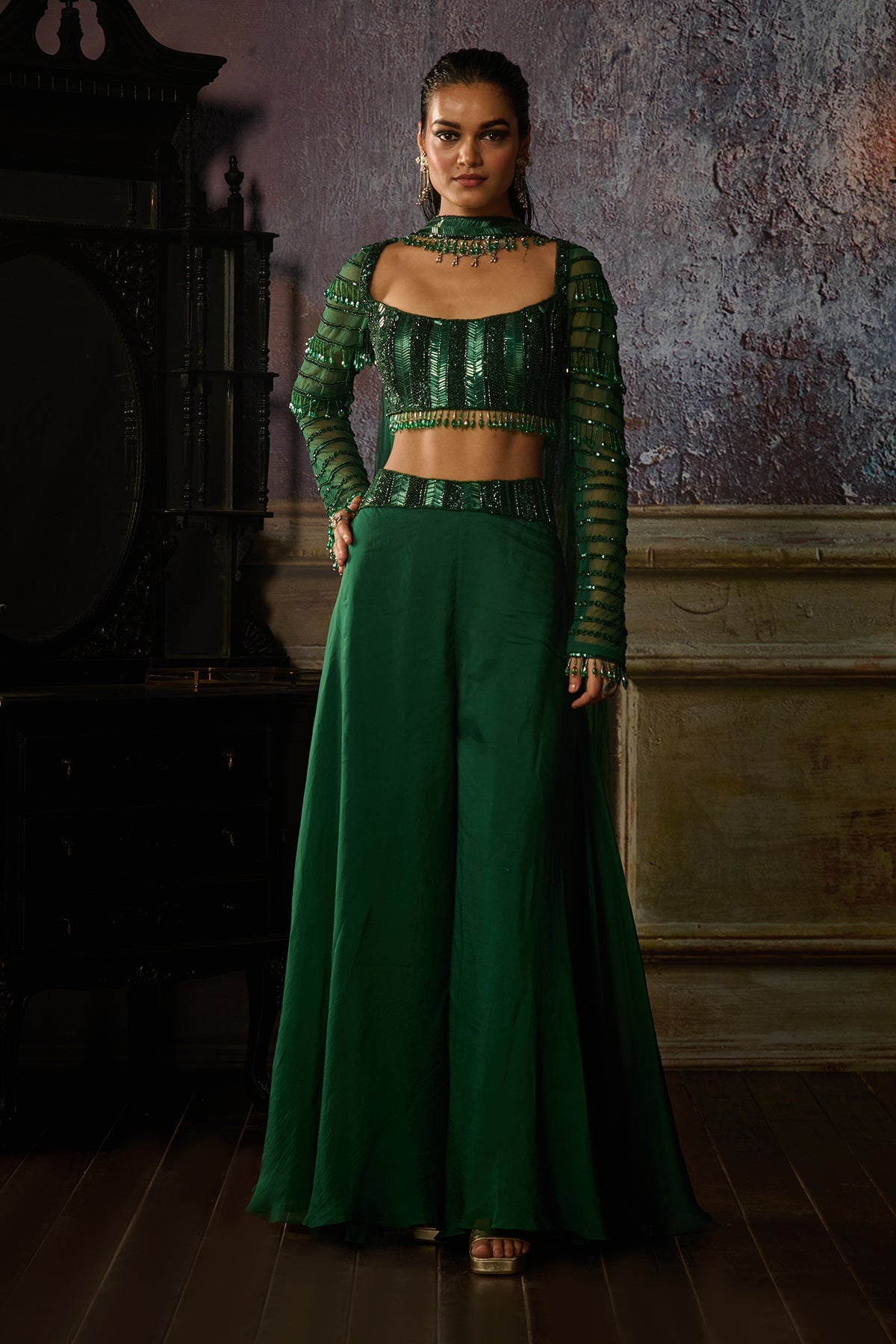 BOTTLE GREEN FULLY EMBROIDERED BLOUSE AND ORGANZA SHARARA SET