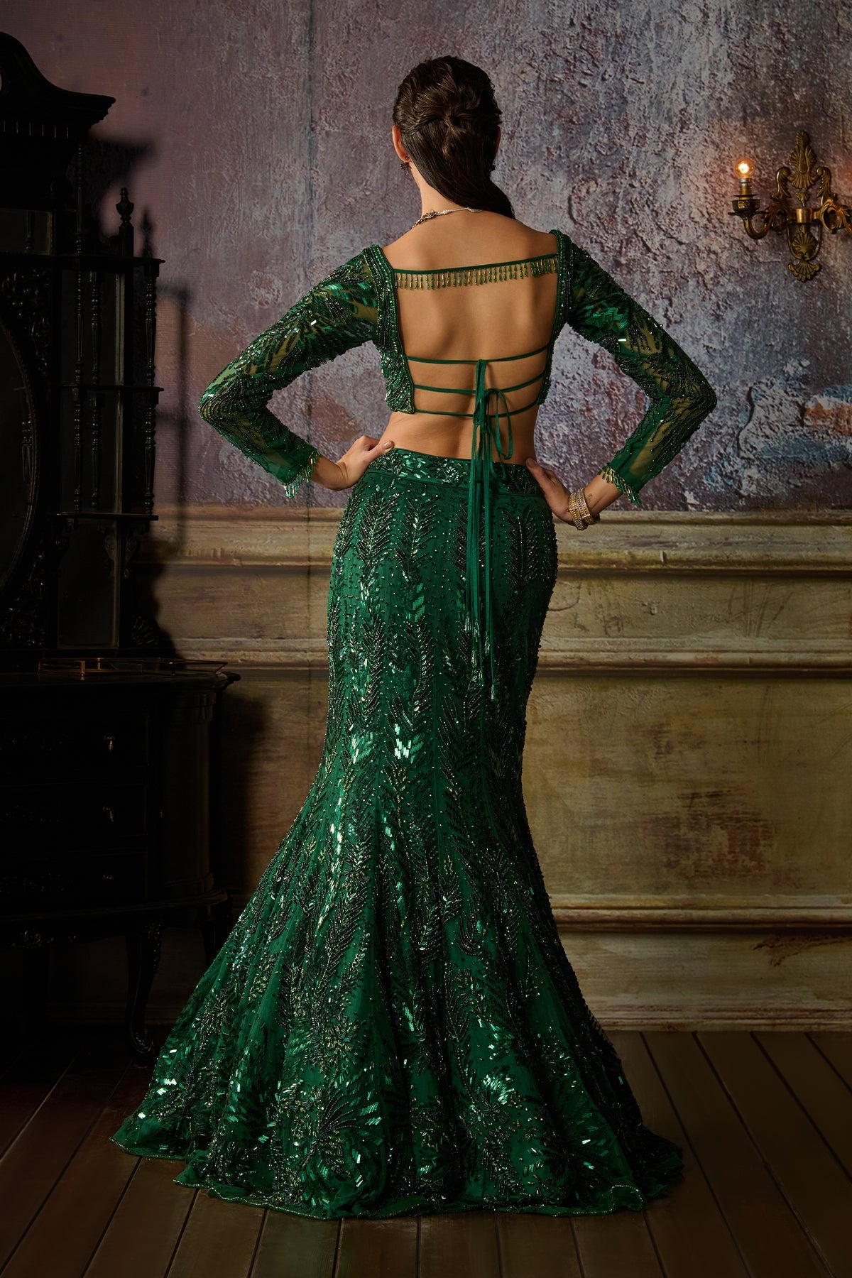 BOTTLE GREEN FULLY EMBROIDERED BLOUSE AND MERMAID SKIRT SET - Ready to Ship