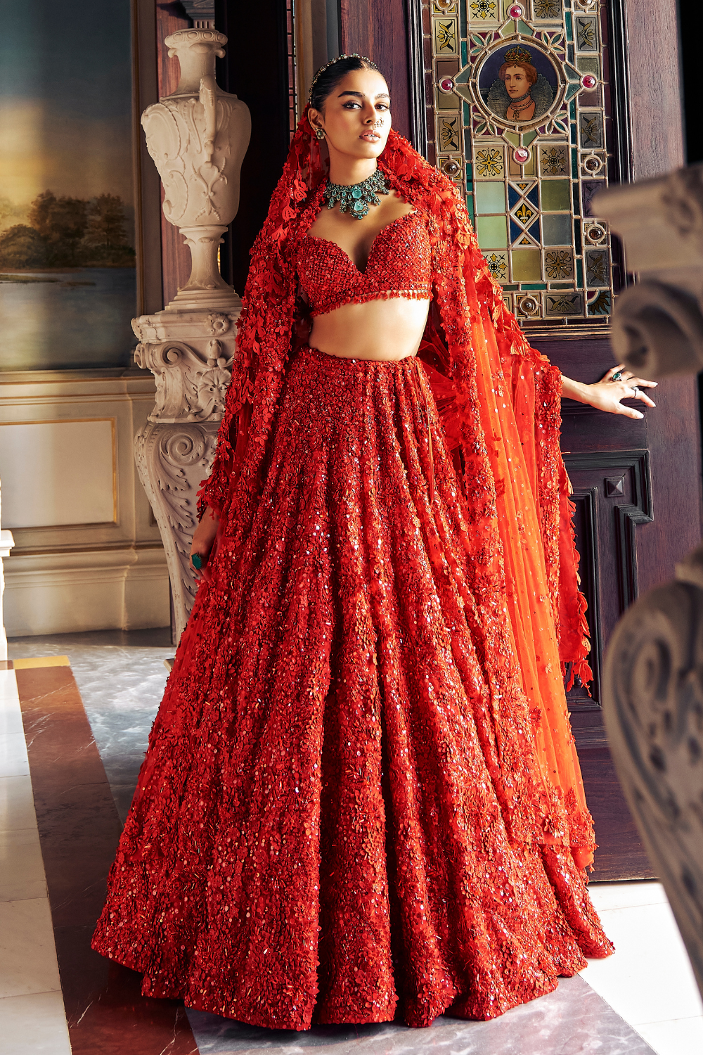 Red Three-Dimensional Floral Lehenga Set