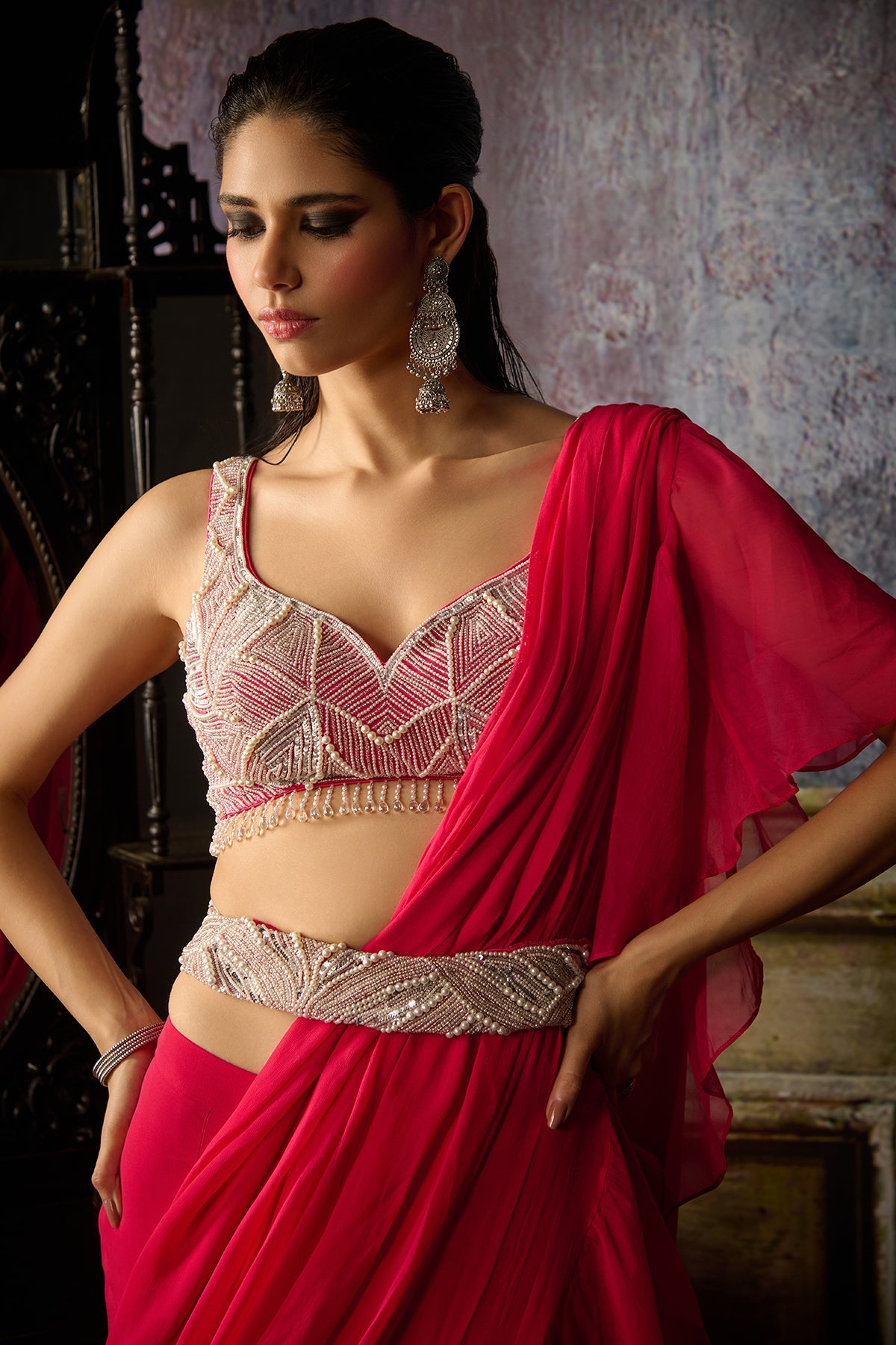 FUSCHIA EMBROIDERED BLOUSE AND RUFFLE SAREE SET