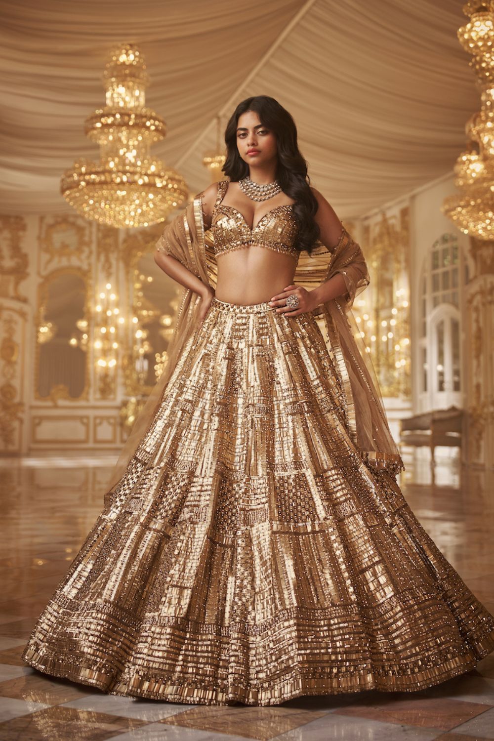 Richa Moorjani in Antique Gold Lehenga Set