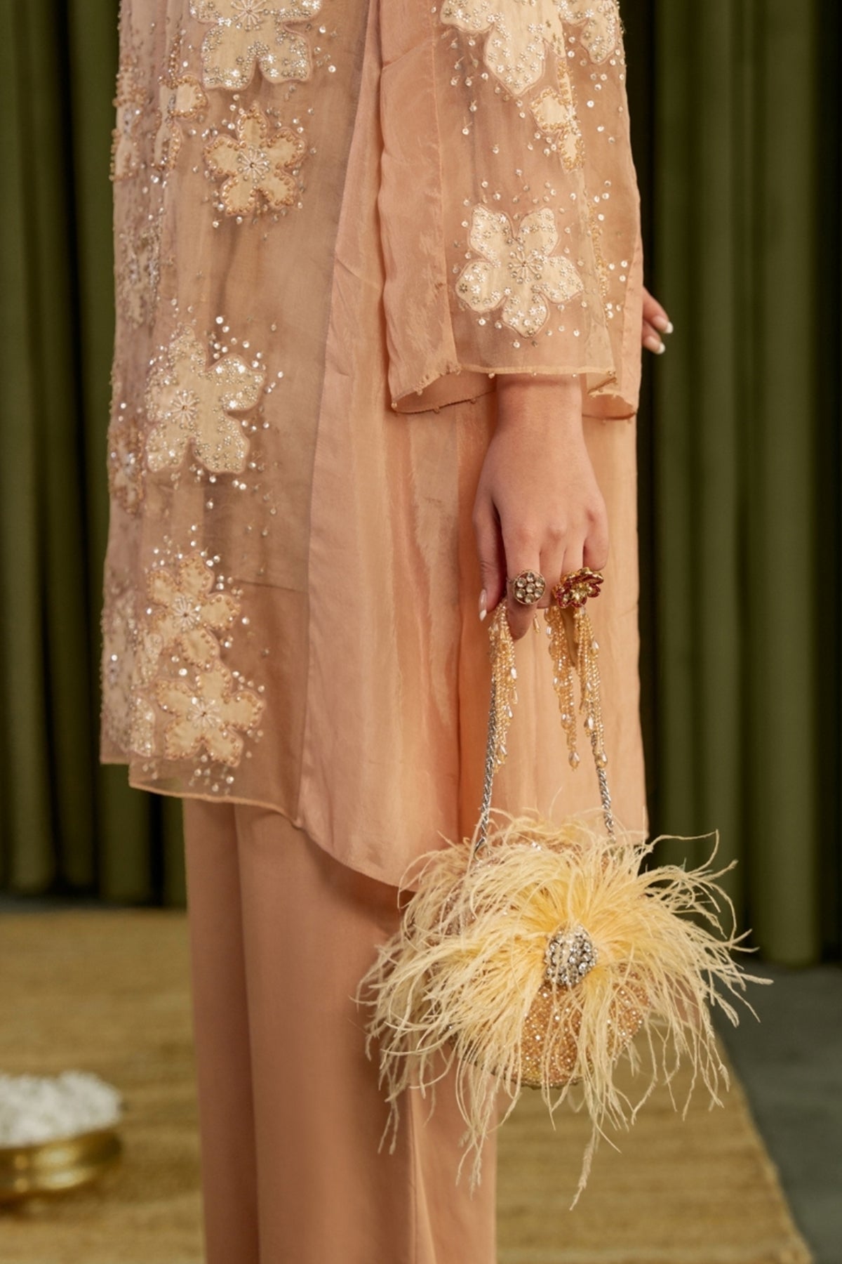 Kiraz Gold Suede Embellished Clutch