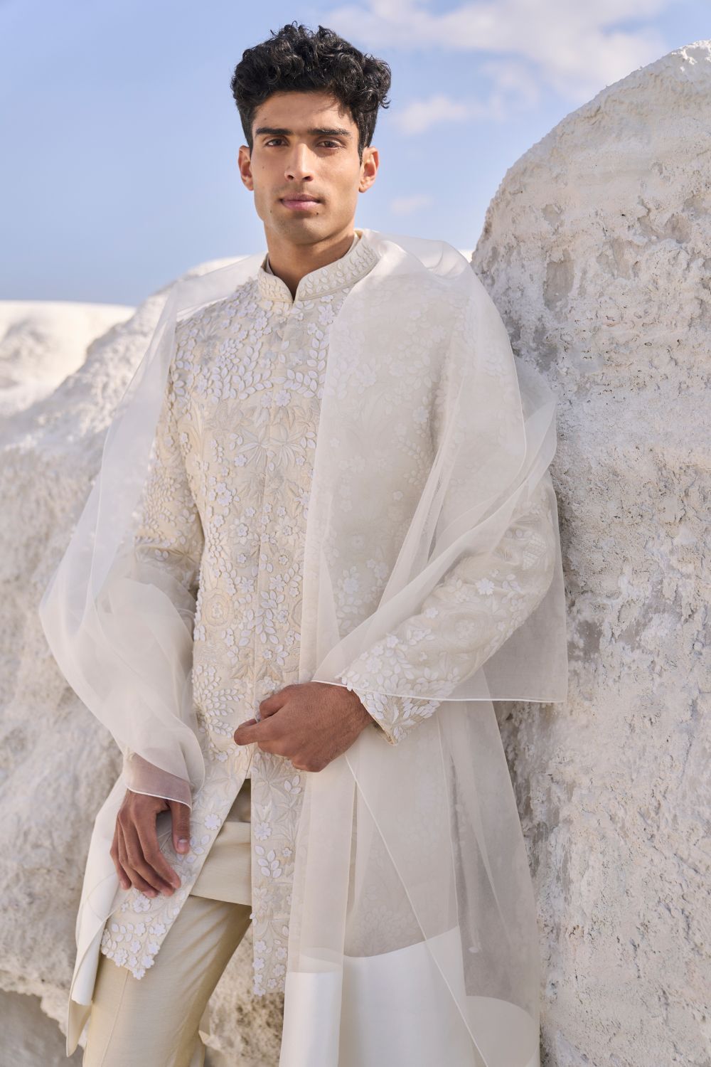 Cream Three Dimensional Floral Sherwani Set