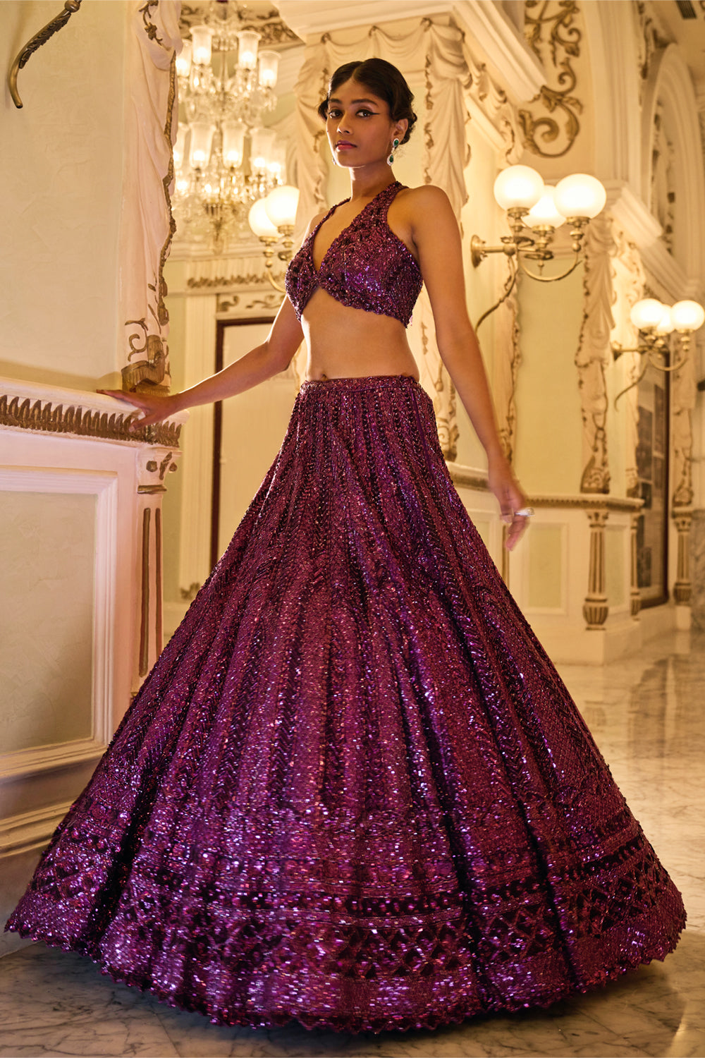 Pooja Hegde in Burgundy Sequin Lehenga Set