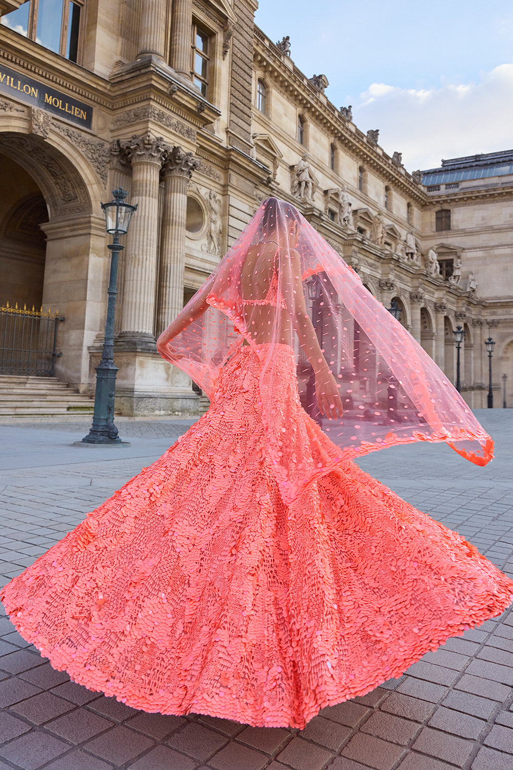 Neon Peach Sequin Lehenga Set