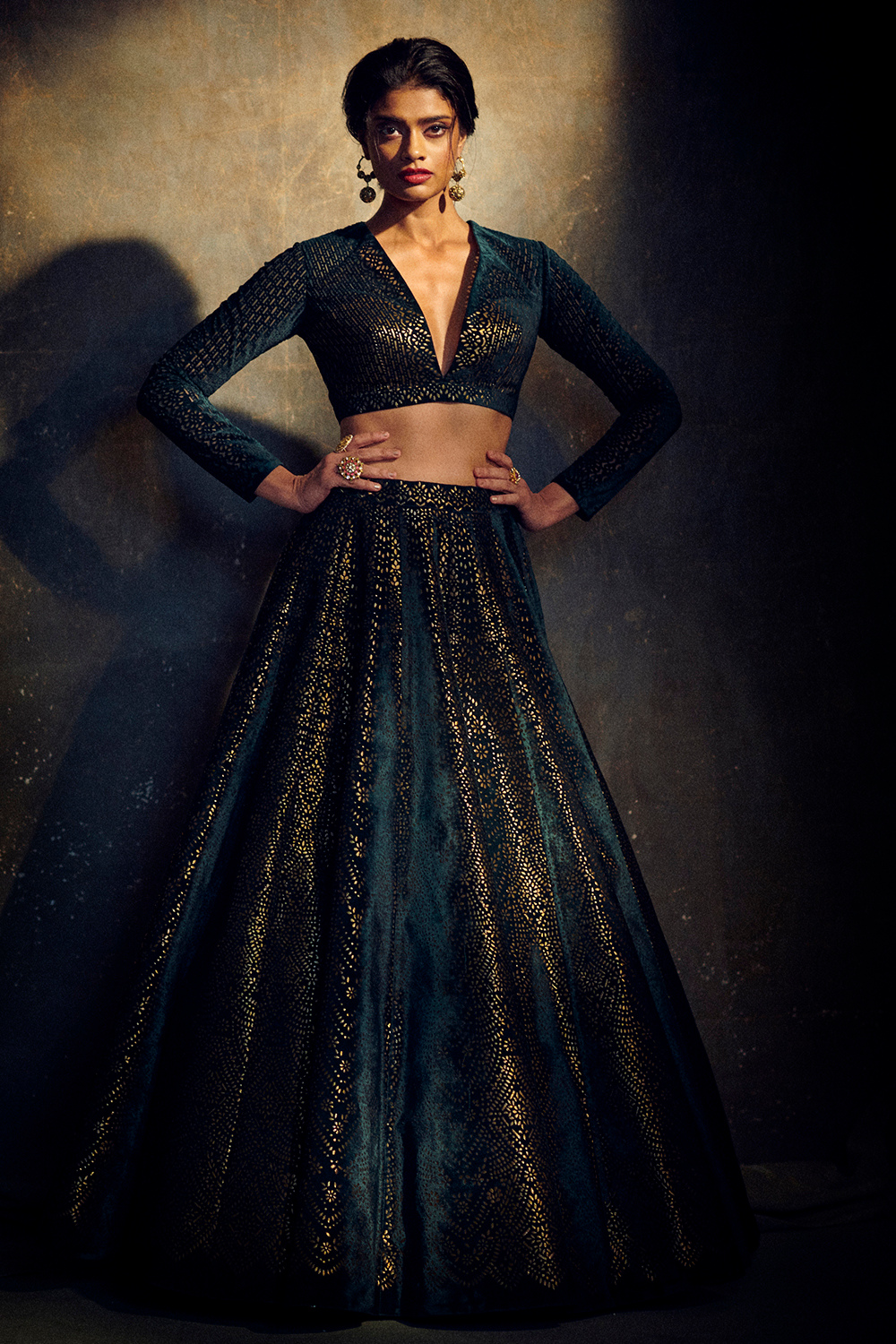 Bottle Green Velvet Lehenga Set