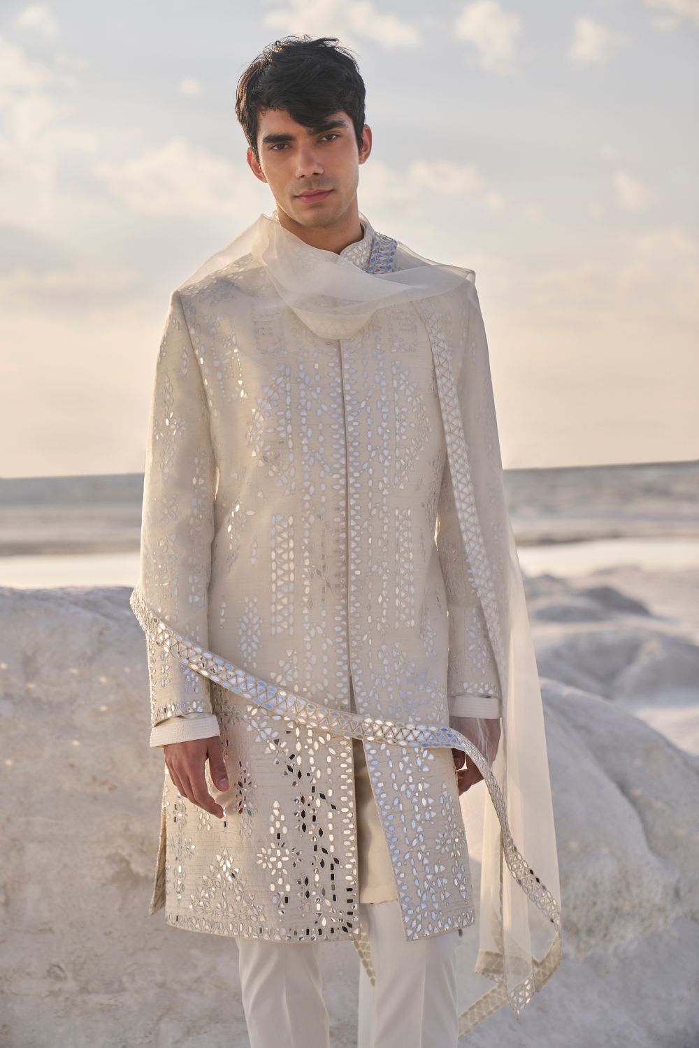 Off-White Mirror Work Sherwani Set