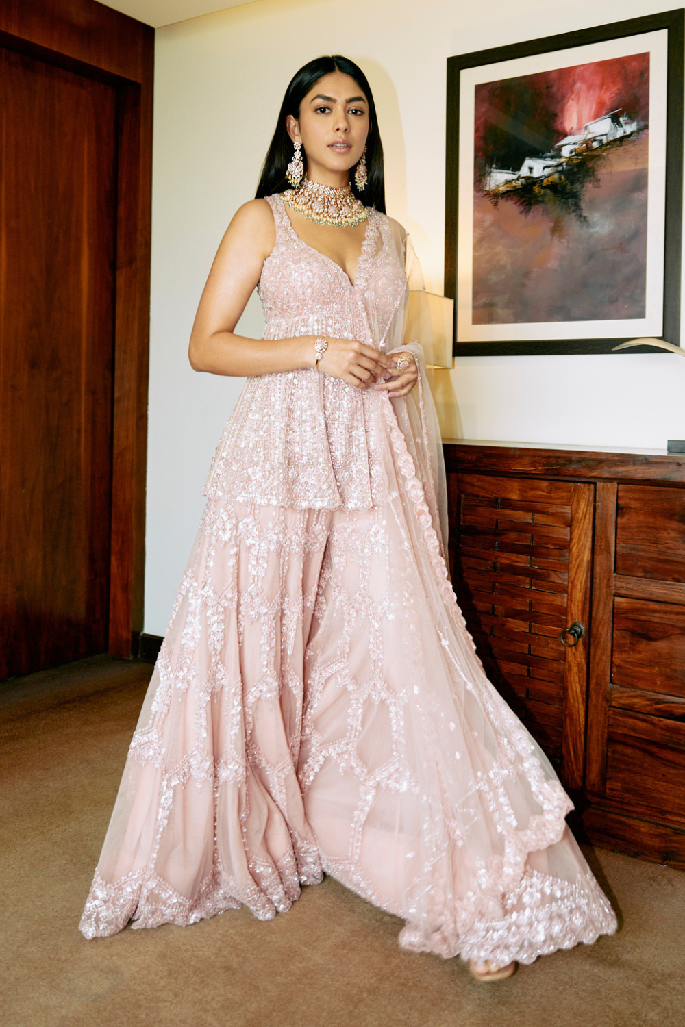 Mrunal Thakur in Rose Pink Sequin Sharara Set