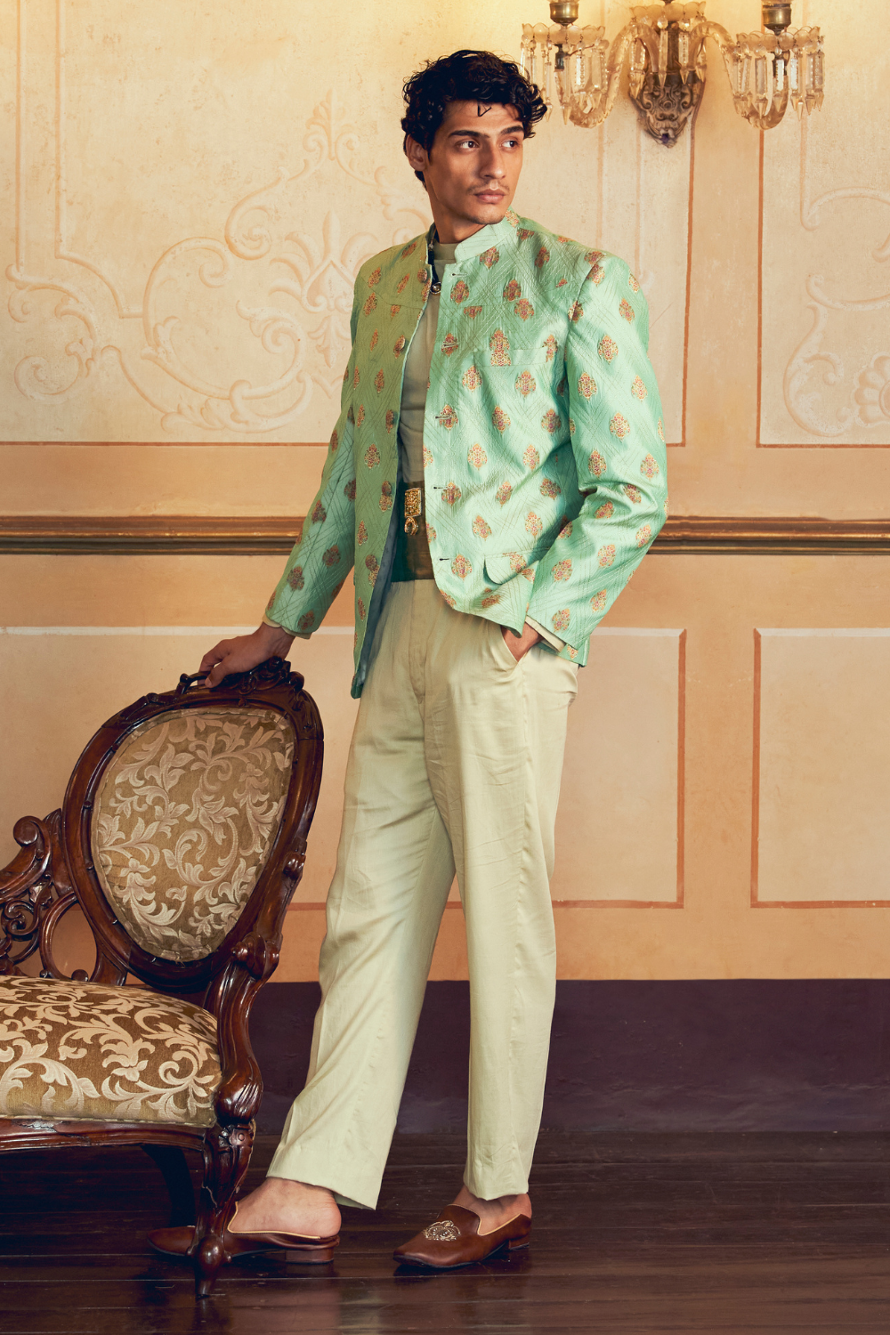 Mint Green Jacquard Banarasi men's jacket