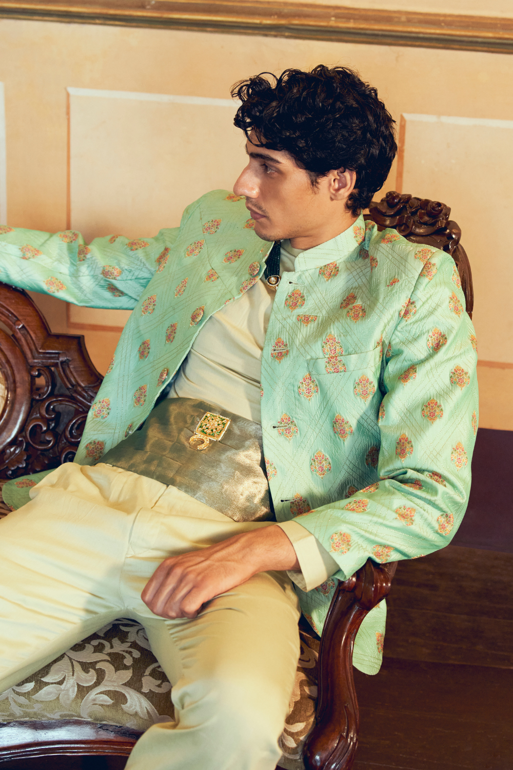 Mint Green Jacquard Banarasi men's jacket