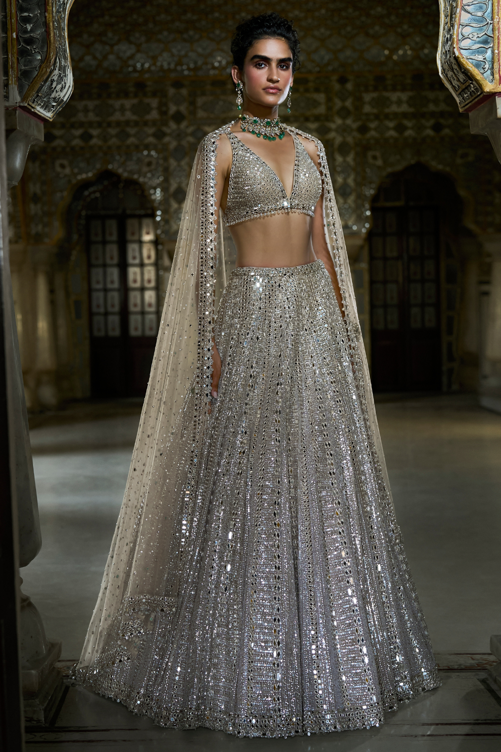 Champagne Mirror Work Lehenga Set