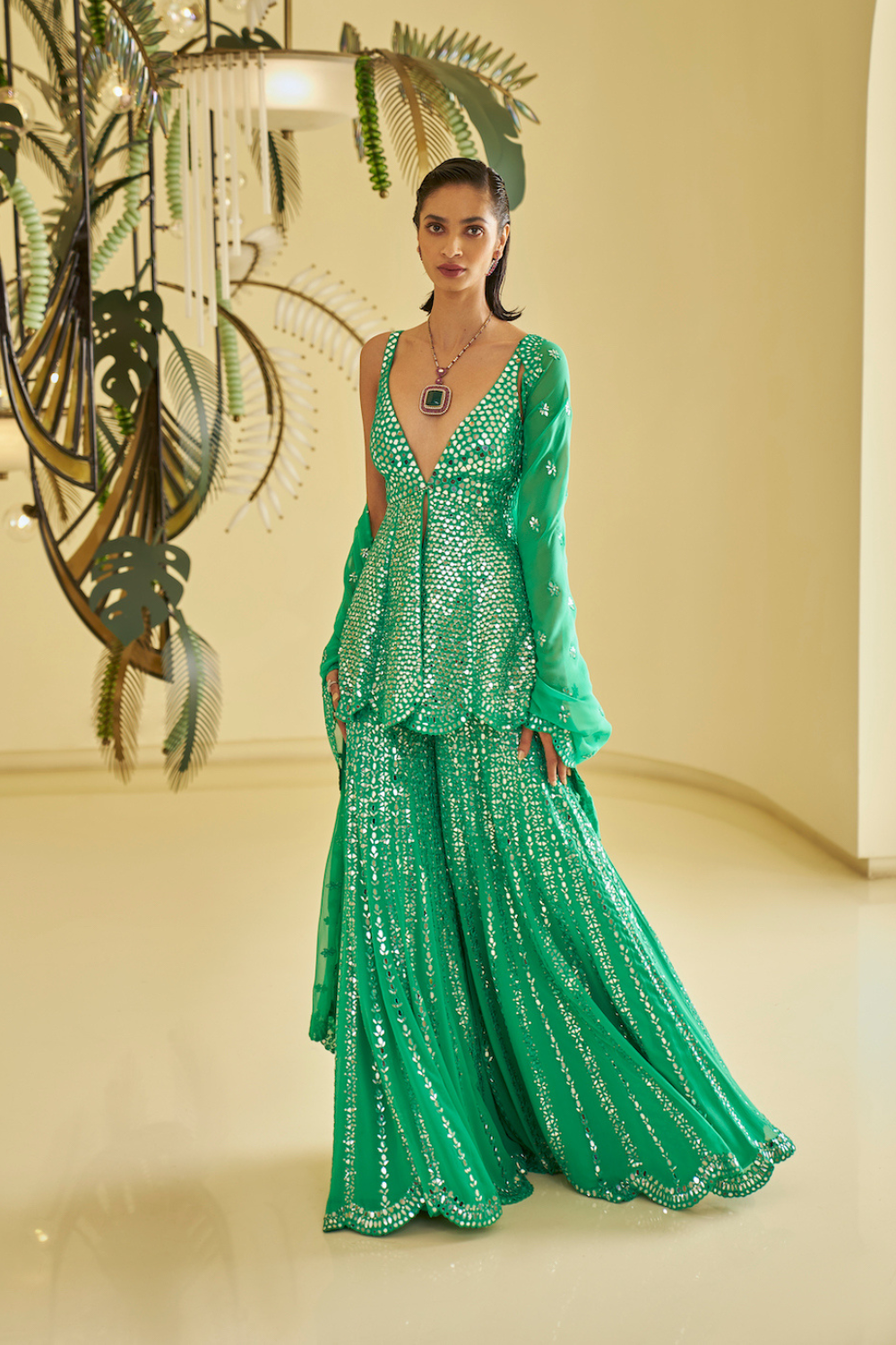 Green Mirror Work Sharara Set