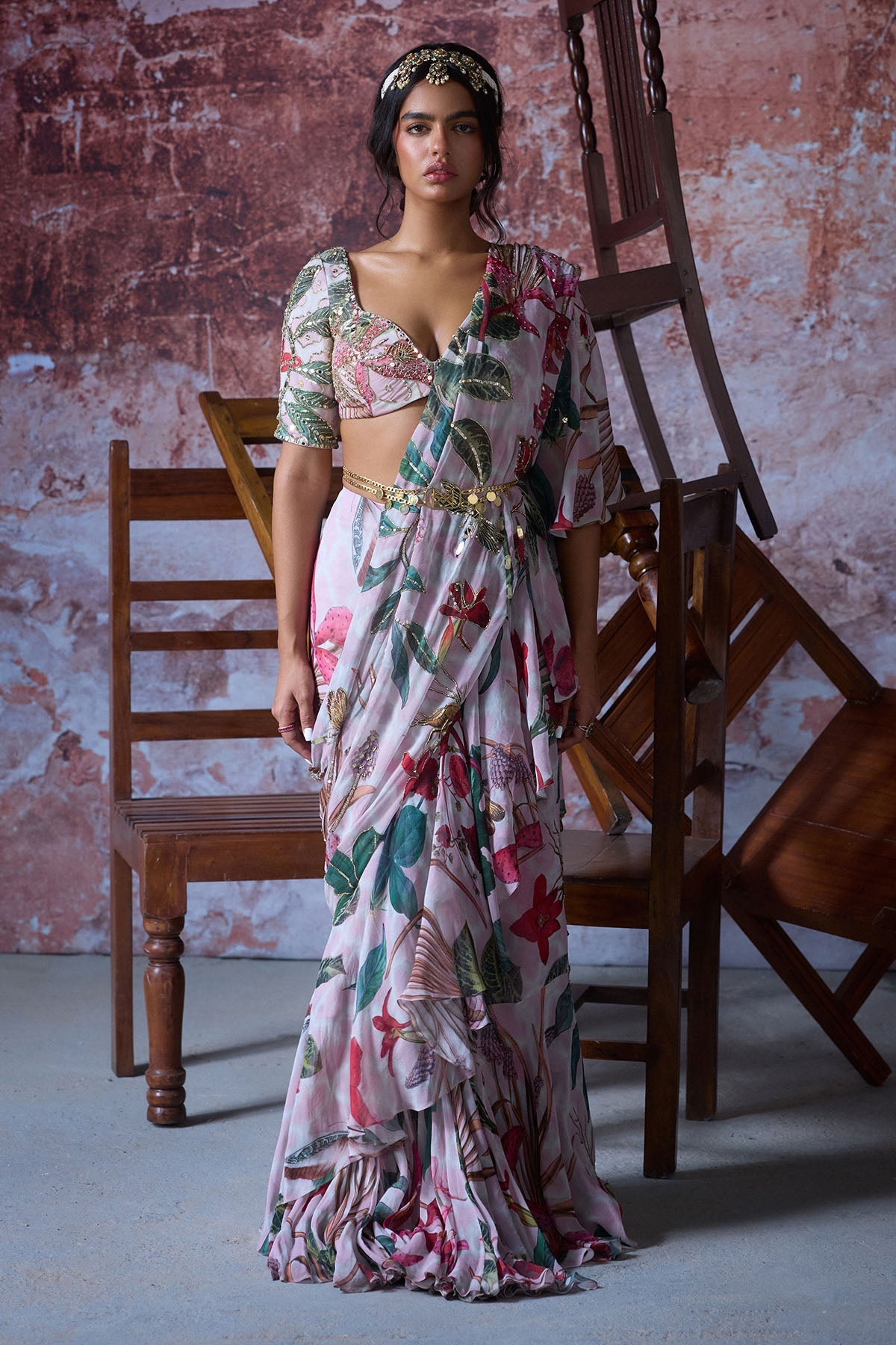 Soft Pink Organza Embroidered Ruffled Saree Set