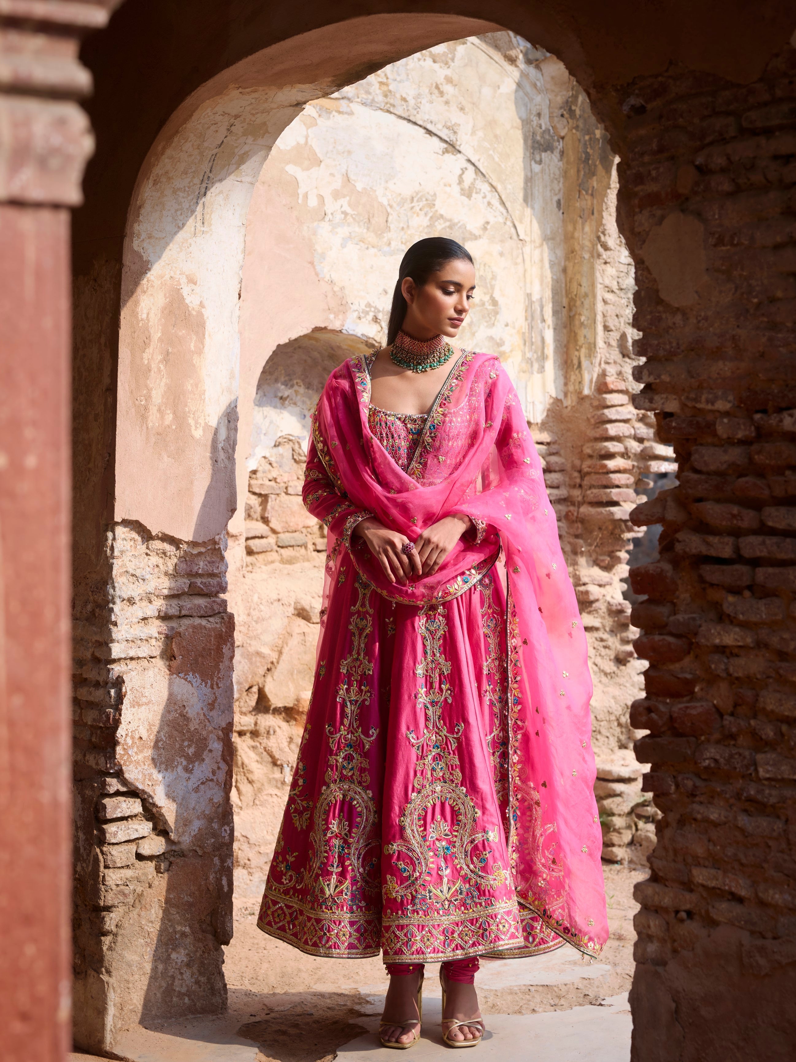 PINK CHANDERI ANARKALI SET