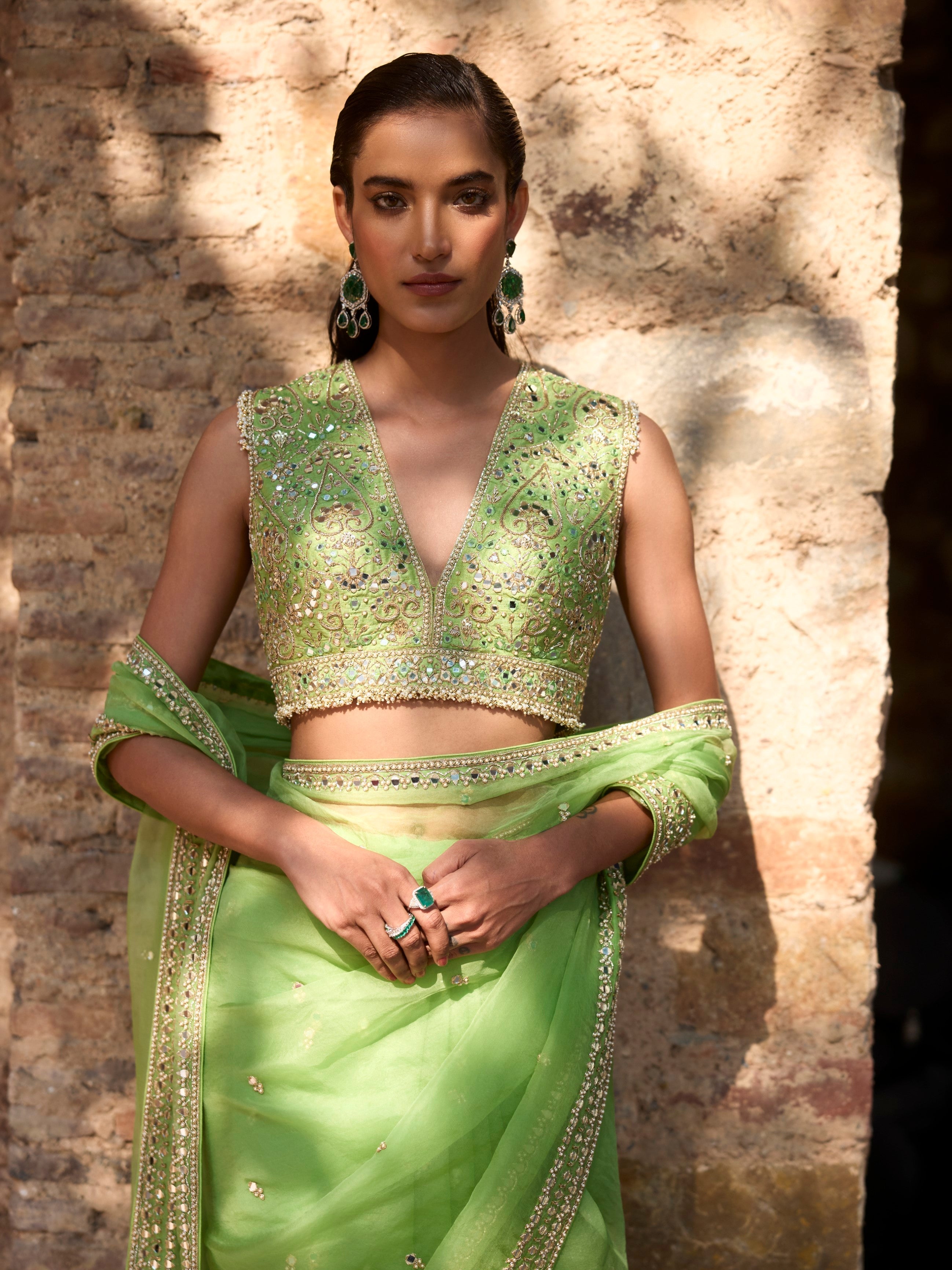 APPLE GREEN ORGANZA SAREE SET