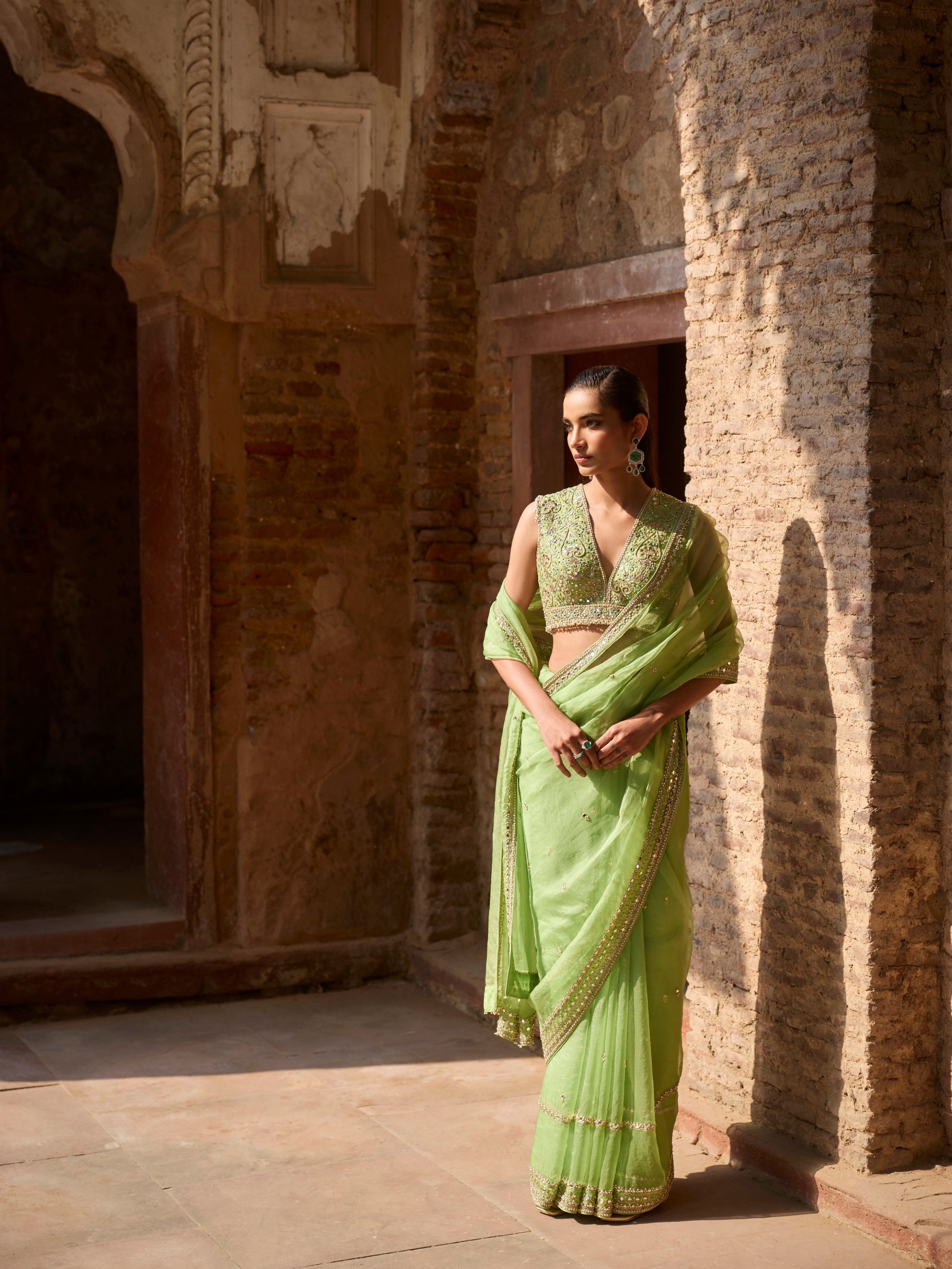 APPLE GREEN ORGANZA SAREE SET