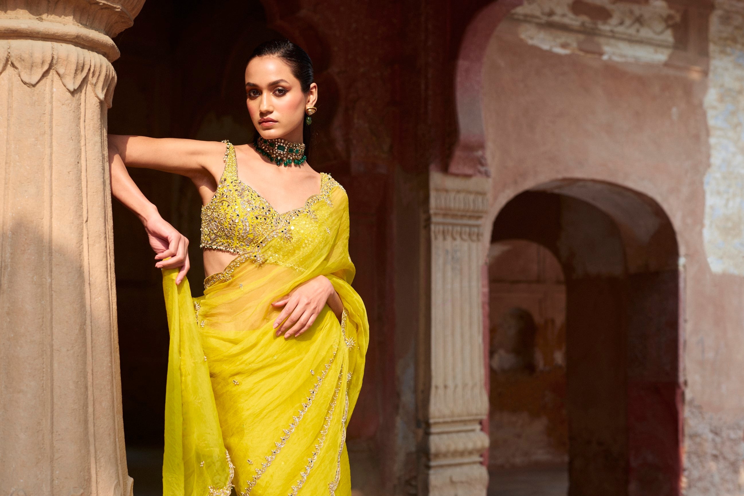 LIME YELLOW ORGANZA SAREE SET