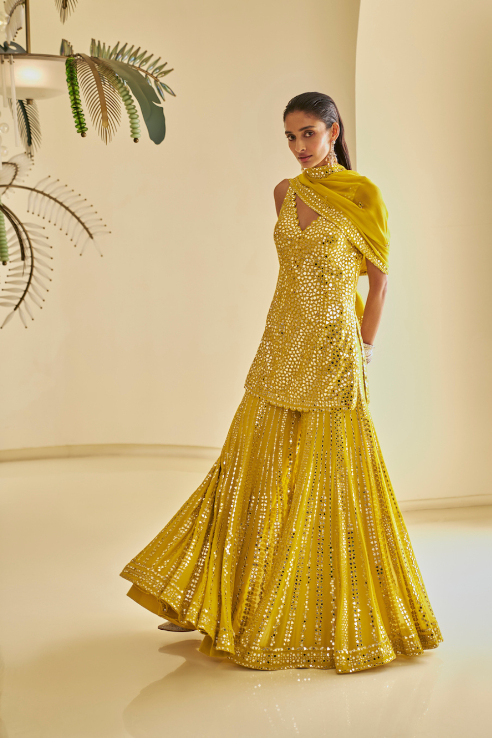 Yellow Mirror Work Sharara Set