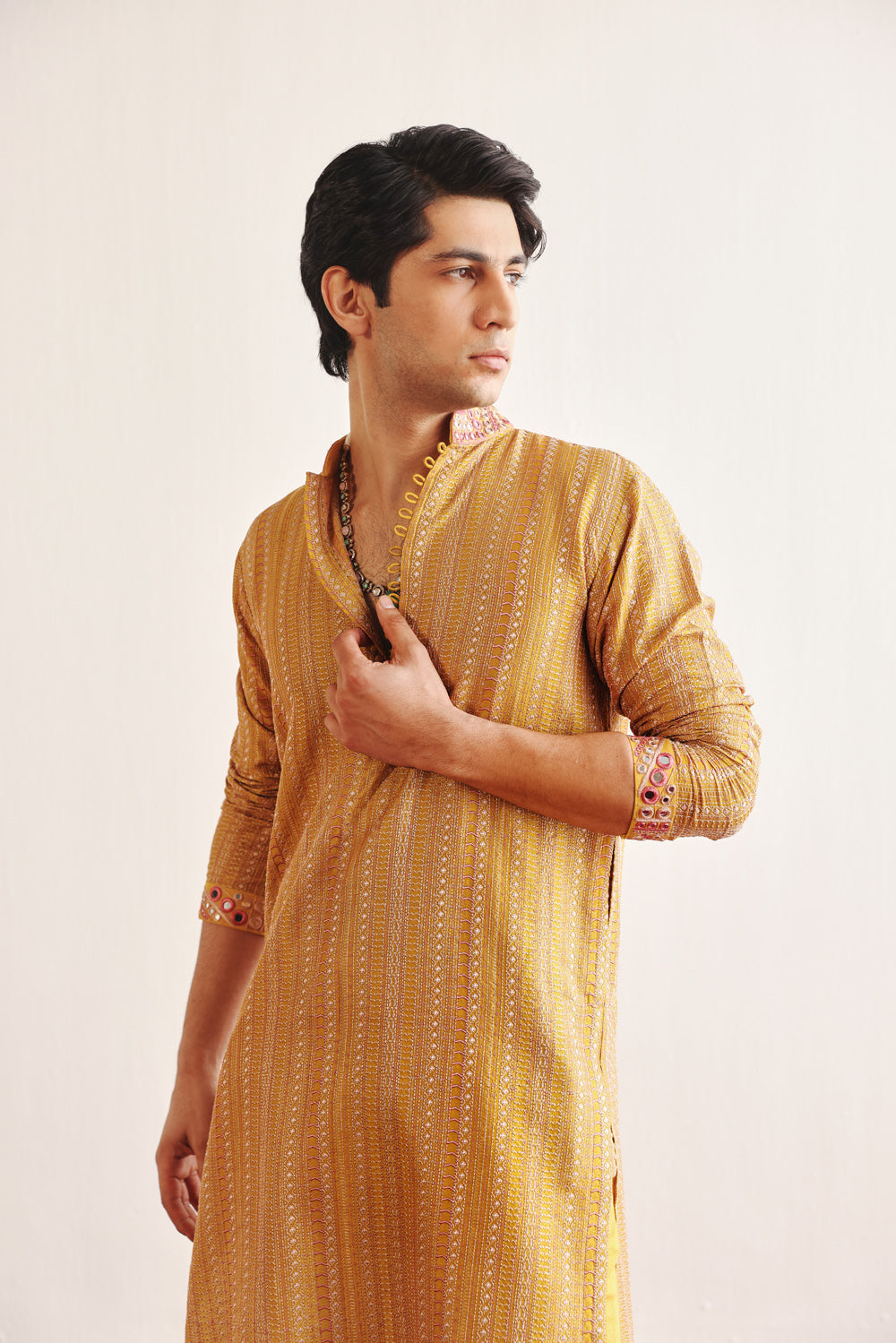Golden Yellow Kantha Work Kurta With Mirrorwork