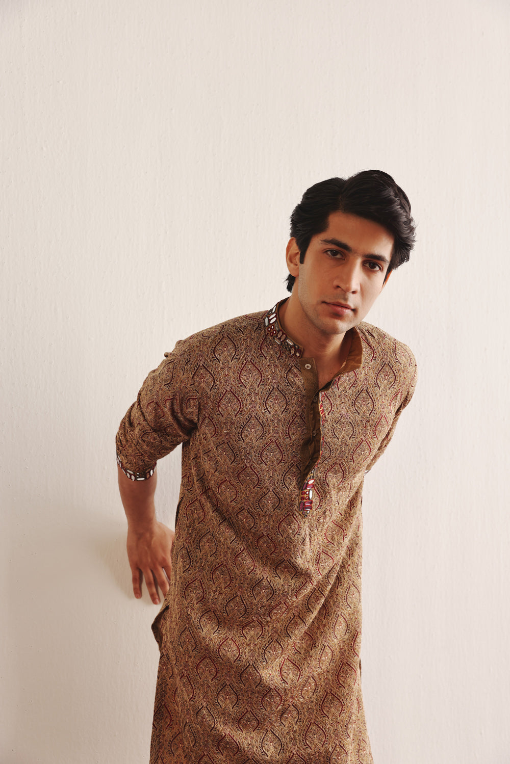 Ajrakh Kantha Work Kurta With Mirrorwork